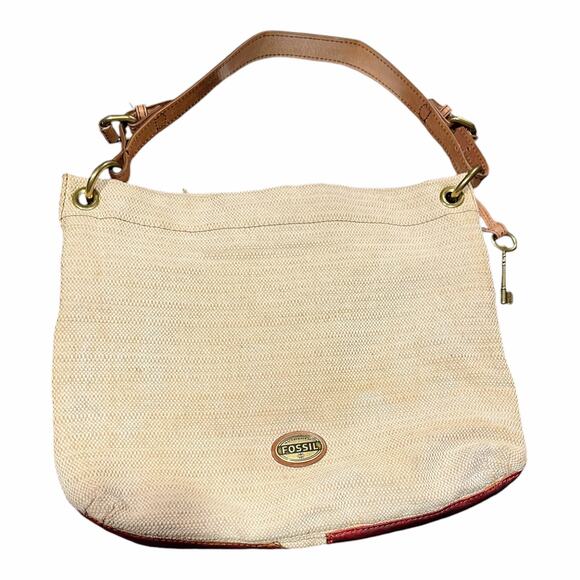 Vintage FOSSIL Leather Canvas Bag Patchwork Circles Crossbody Shoulder Logo Key - Picture 2 of 9